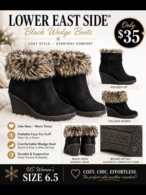 Lower East Side Women’s Black Faux Fur Trim Wedge Boots